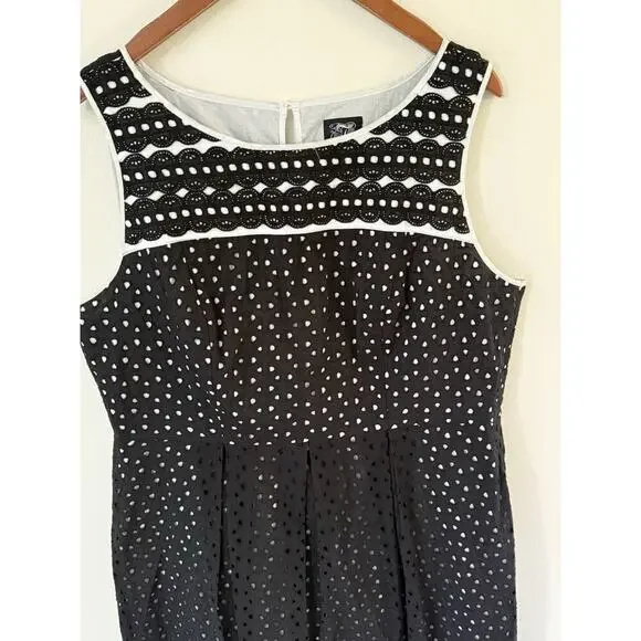 Jax Womens Sleeveless Eyelet Dress Size 16 Ric Rac Lines Black White Cocktail - Picture 5 of 10